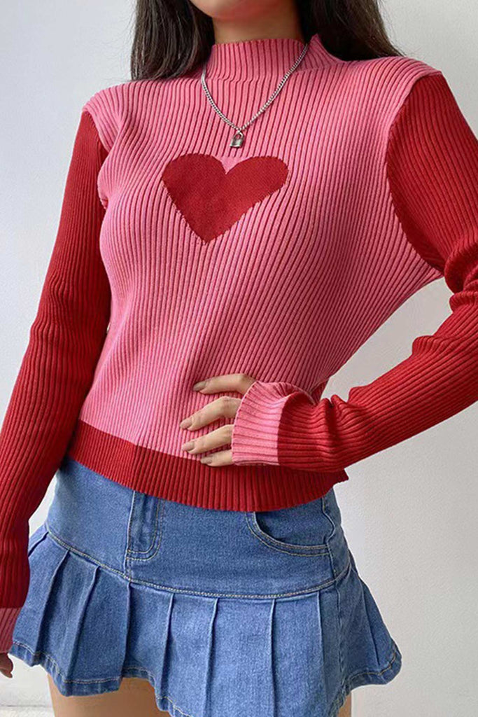 kamames Contrast Mock Neck Heart Graphic Ribbed Knit Tops