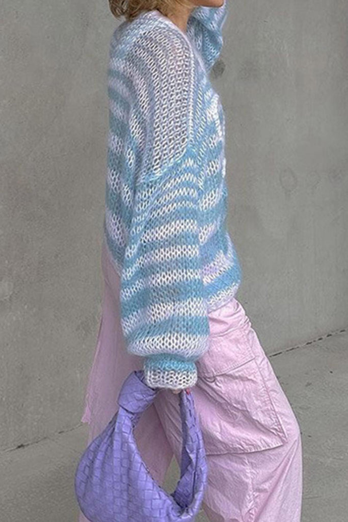 kamames Contrast Striped Jacquard Hollow Out Sweater