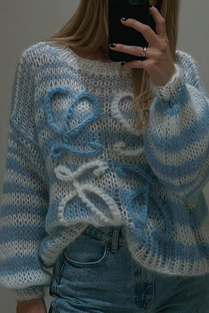 kamames Contrast Striped Jacquard Hollow Out Sweater