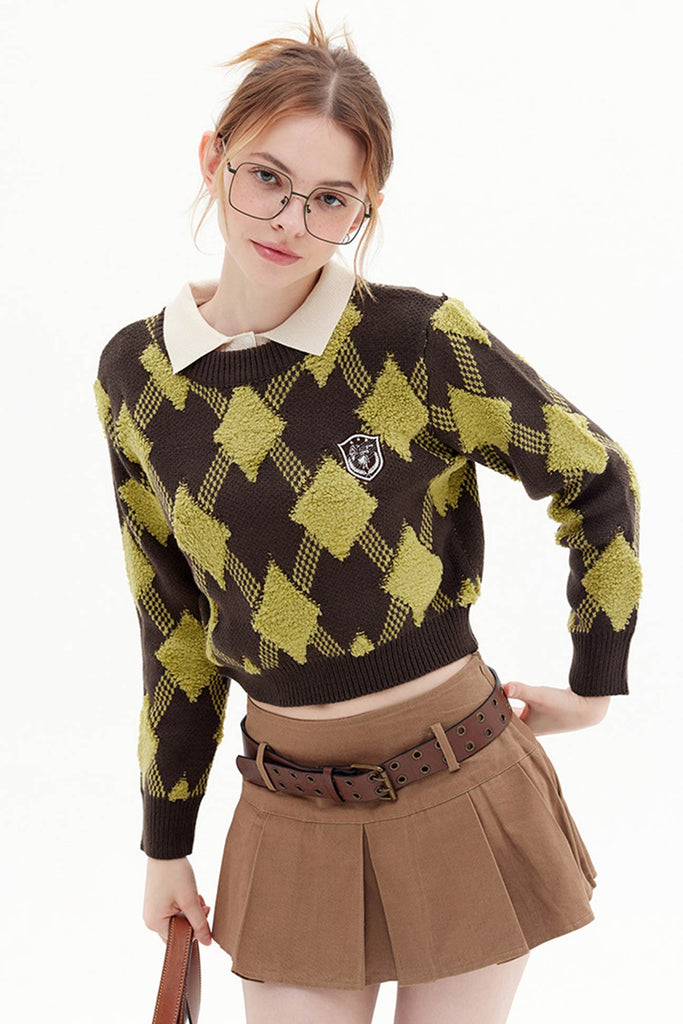 kamames Crew Neck Plaid Patchwork Sweater