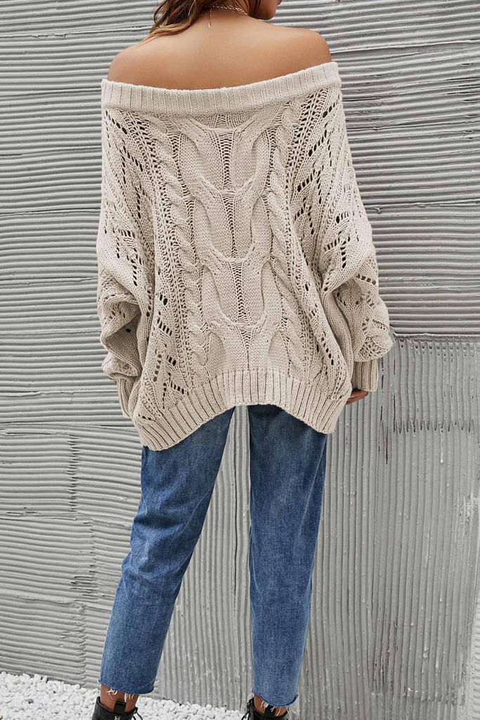 kamames Drop Shoulder Hollow Out Cable Knit Sweater