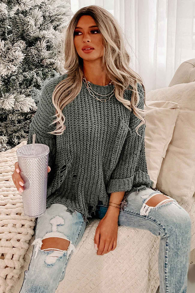 kamames Grey Distressed Loose Pullover Sweater