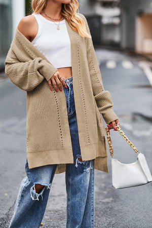 kamames Pocketed Open Front Slit Hem Long Cardigan