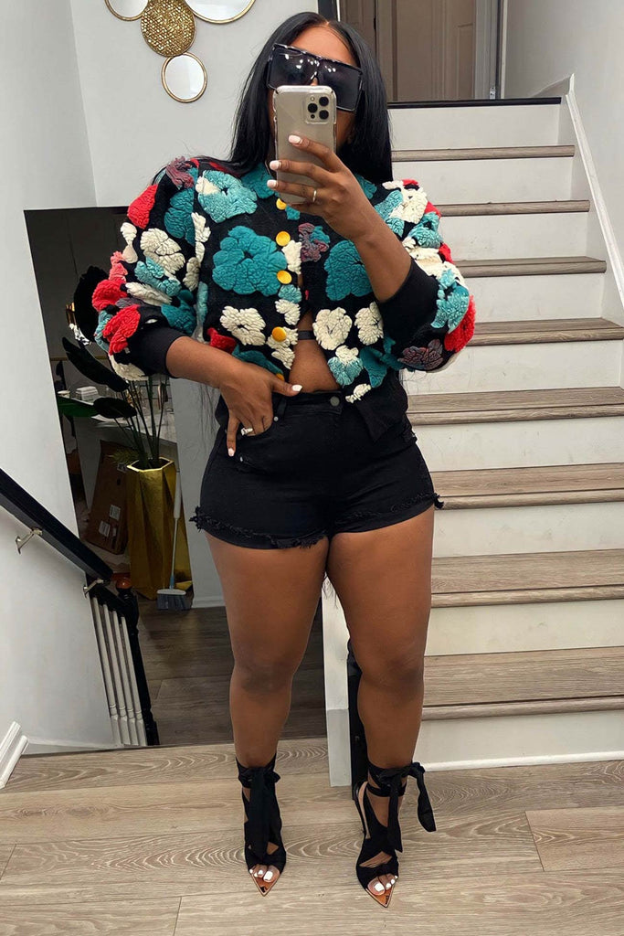 kamames Puff Sleeve Floral Jacquard Cardigan