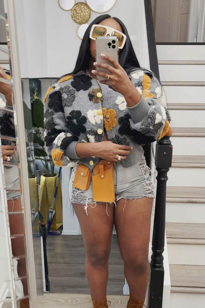 kamames Puff Sleeve Floral Jacquard Cardigan