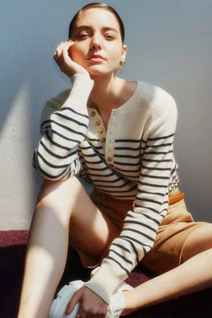 kamames Crew Neck Button-Front Striped Sweater