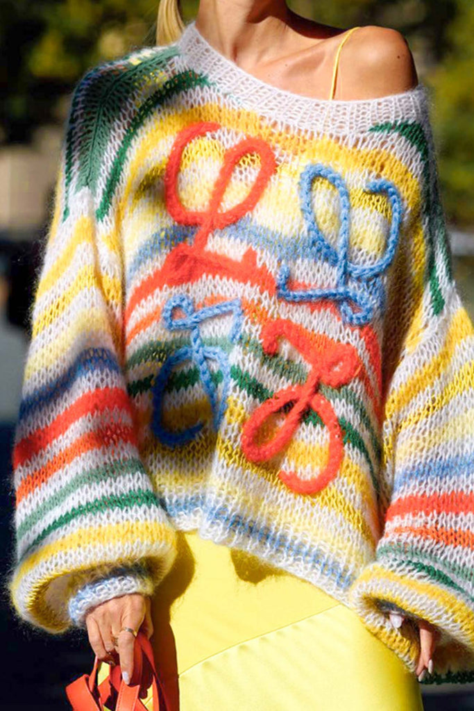 kamames Rainbow Contrast Crochet Sweater