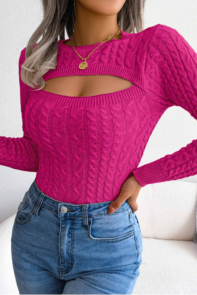 kamames Solid Color Cable Knit Cut-out Sweater