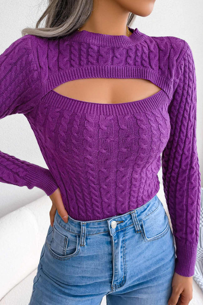 kamames Solid Color Cable Knit Cut-out Sweater