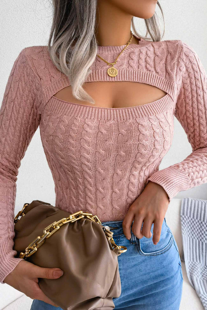 kamames Solid Color Cable Knit Cut-out Sweater