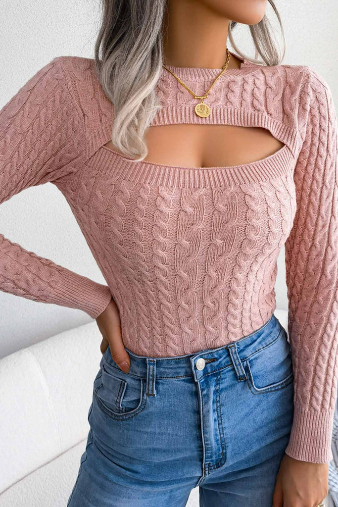 kamames Solid Color Cable Knit Cut-out Sweater