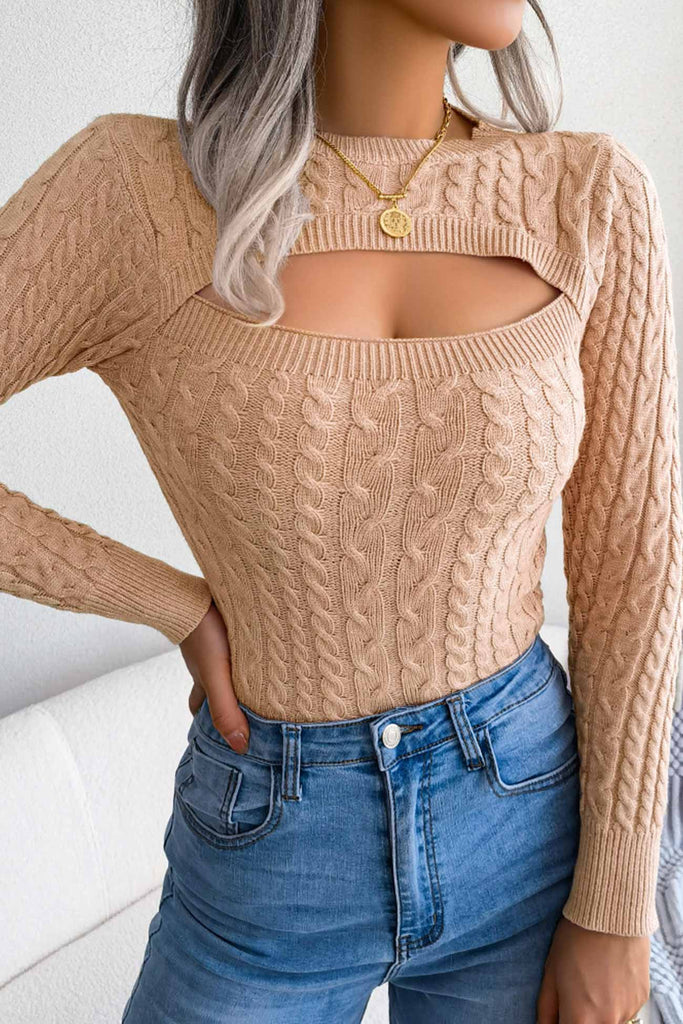 kamames Solid Color Cable Knit Cut-out Sweater