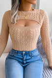 kamames Solid Color Cable Knit Cut-out Sweater