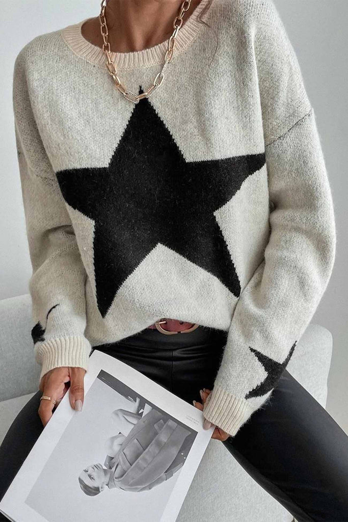 kamames Crew Neck Star Long Sleeve Knitted Sweater