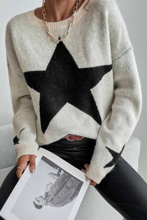 kamames Crew Neck Star Long Sleeve Knitted Sweater