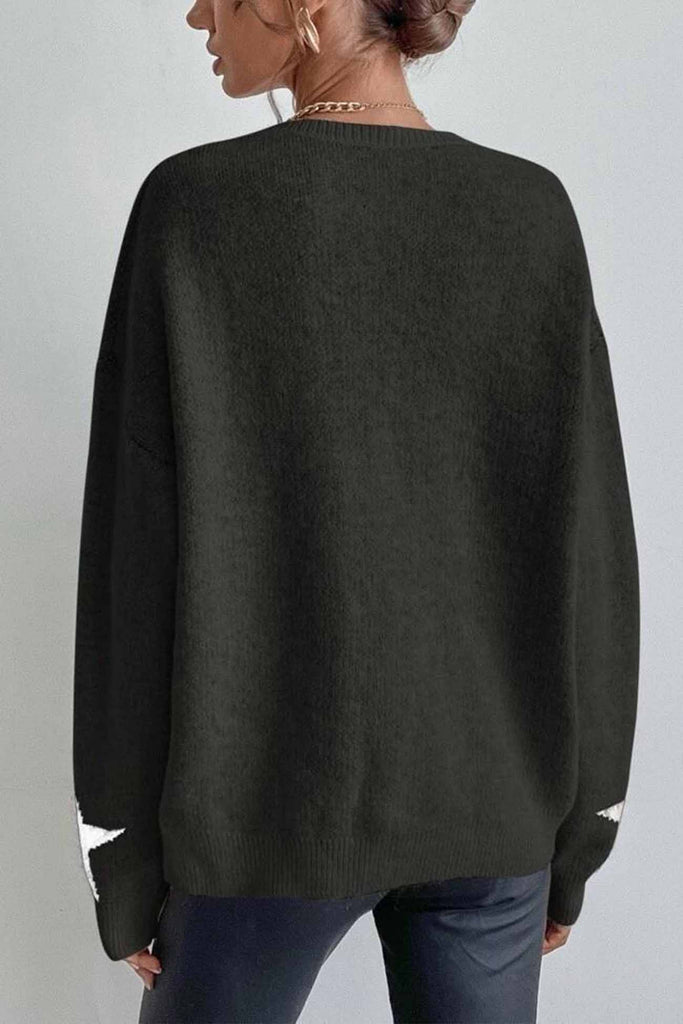 kamames Crew Neck Star Long Sleeve Knitted Sweater