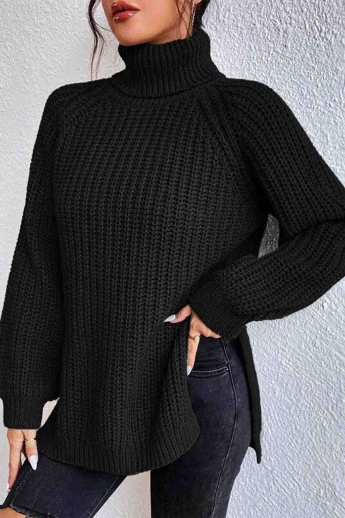 kamames Raglan Sleeve Turtleneck Slit Mid-Length Sweater