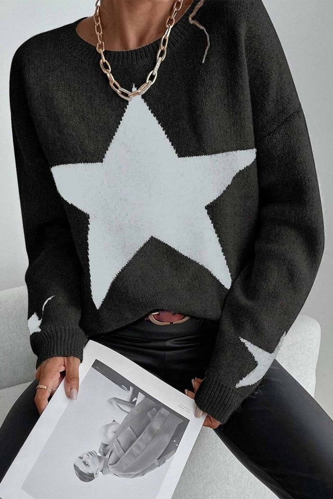 kamames Crew Neck Star Long Sleeve Knitted Sweater