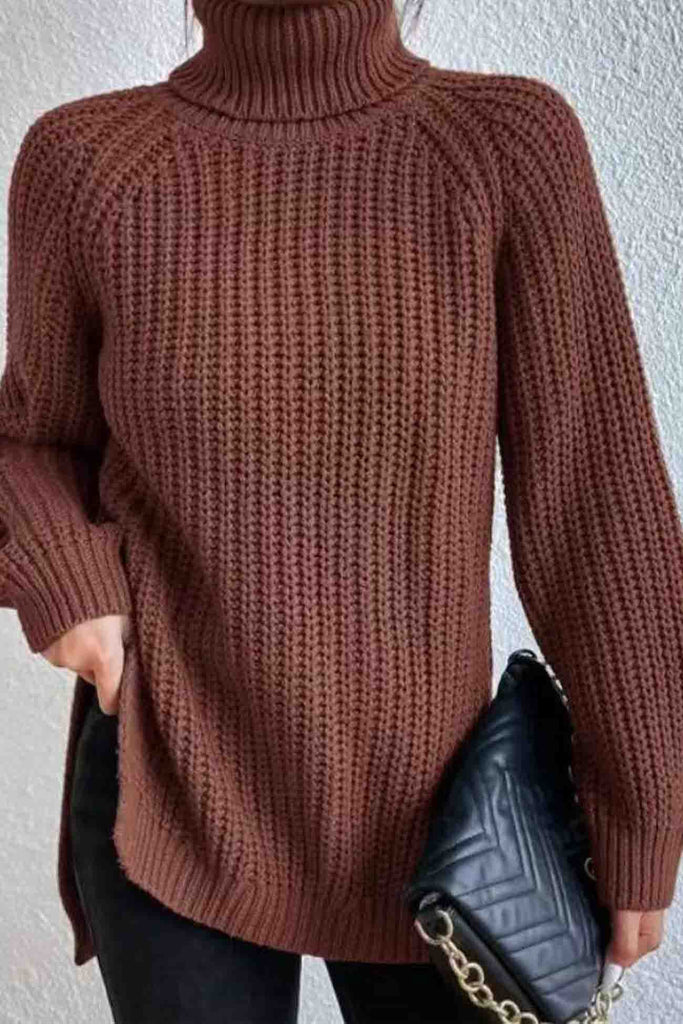 kamames Raglan Sleeve Turtleneck Slit Mid-Length Sweater