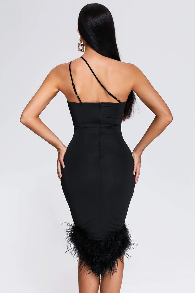 kamames Rate Feather One Shoulder Midi Dress - Black