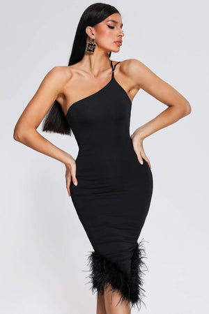 kamames Rate Feather One Shoulder Midi Dress - Black