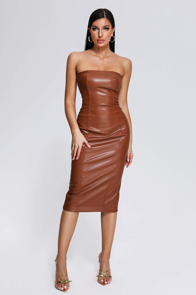 kamames Grasa Strapless Leather Midi Dress