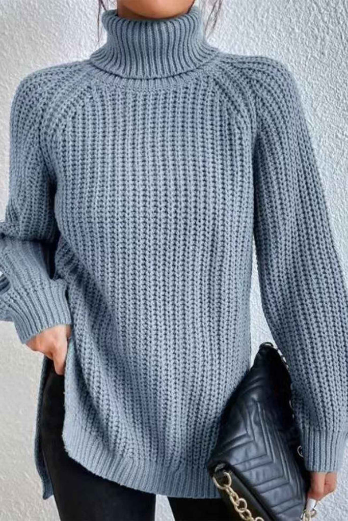 kamames Raglan Sleeve Turtleneck Slit Mid-Length Sweater