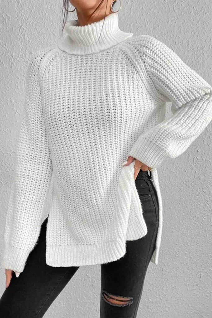 kamames Raglan Sleeve Turtleneck Slit Mid-Length Sweater