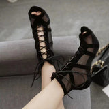 kamames Black Net Suede Fashionable Cross-Tie Large Size Fish Mouth Sexy High-Heeled Lace-Up Women's Shoes