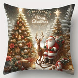 Contemporary Christmas Throw Pillow Covers Set of 4 - Santa Claus and Reindeer with Snowy Village Scene, Hand Washable Zippered Polyester Cushion Cases for Sofa and Living Room Decor, 17.7x17.7 inches - Festive Winter Holiday Decorative Pillowcases (Inser