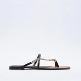 kamames ZAR Brand 2022 New Summer Slippers Women Luxury Fashion Square Toe Metal Chain Flat-Heeled Sandals Woman Shoes Plus Size 41