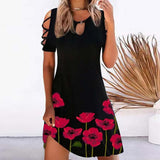 kamames Women Floral Print Party Dresses Sexy Summer Short Sleeve O-Neck Mini Dress For Ladies Hollow Out Design Elegant Dress 5147