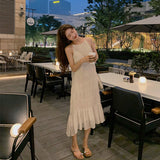 Zingj Fashion Chiffon Dress Round Neck A-line Shape Striped Slim Long Dress Daywear Solid Color Casual Female Summer