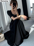 kamames New Elegant Midi Black Dress For Women Solid A Line Femme Fashion Office Lady Clothing Vestidos