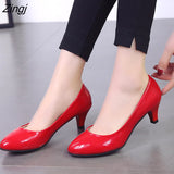 kamames Women's Leather Med Heels New High Quality Shoes Classic Black&White Pumps for Office Ladies White High Heels Red  Sexy Heels