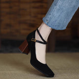 kamames kamames And Autumn New High Heels Female Suede Retro Square Head Thick With Cross Buckle Belt Korean Version Of Shallow Mouth Mary Jane Single Shoes Female