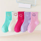 5 Pairs Of Girl's Cartoon Happy Face Pattern Knitted Socks, Cotton Blend Comfy Breathable Soft Crew Socks For Outdoor Wearing