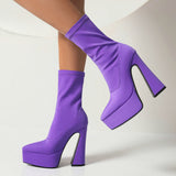 kamames Blue Women Ankle Boots 2022 Stretch Fabric Platform Square High Heel Punk Boots Pointed Toe Autumn Winter Ladies Shoes