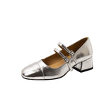 kamames Silver Mary Jane Shoes 2024 Spring And Autumn Thick Heels With One Word Buckle Shallow Mouth Heel Single Shoes