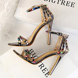 BIGTREE Shoes Color Rivets Women Sandals Roman Style Heeled Sandals Hollow Out High Heels Stiletto Sexy Party Shoes Sandals