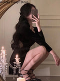 kamames Black Velvet Midi Dress Women Sexy Chic Hollow Out Mesh Dress Female Korean Vintage Casual Evening Party Dress Autumn