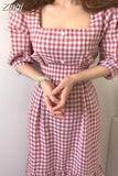 kamames Waist Retro Fashion New Summer Women Puff Sleeve Plaid Dress Ladies Pullover Cotton Dresses Casual Woman A-line Long Dress