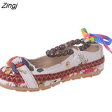 kamames Size Flat Shoes Woman Beaded Strap Women Colorful Back Lace up Fashion Ladies Floral Cotton Fabric Women's Footwear