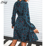 kamames PETAL Belted Blue Leopard Mini Dress For Woman Sexy Mock Neck Long Sleeve Party Dress 2023 Spring Autumn Female Sundress