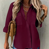 Plus Size Lapel Collar Shirt - Soft Cotton Blend, Slight Stretch, Pocket Detail, Casual High Low Hem - Perfect for Spring & Summer, Womens Comfortable Everyday Wear