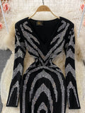 kamames Women Sexy Black Bling Diamonds Bodycon Mini Dress Female Spring Autumn Elegant V-Neck Long Sleeve High Waist Party Vestidos New