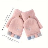 Color Block Plush Knitted Gloves For Women, Stretchy Warm Reversible Gloves, Winter Coldproof Half Finger Gloves For Casual Outdoor Wear