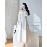 kamames Vintage White Midi Dresses for Women 2023 New Autumn Elegant Fashion Square Neck Long Sleeves Bride Wed Female Clothing