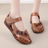 kamames Summer New Head Layer Cowhide Flat Bottom Women's Shoes National Wind Leather Hollow Out Small Flower Women's Sandals Mother Shoes