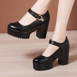 kamames Cheongsam Catwalk High Heels Waterproof Platform Large Round Head Thick Heel Black Professional Single Shoes Working Shoes
